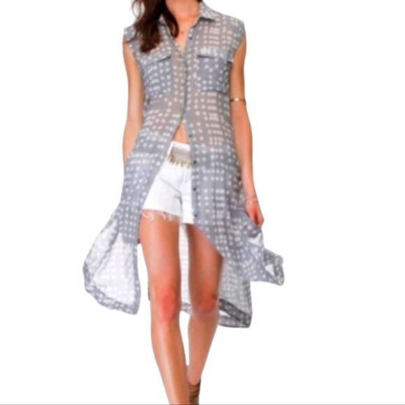 Free People Maxi Duster Cardigan Sleeveless Sheer Dot Lace Blouse Gray White L - Picture 16 of 16